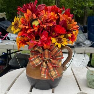 Vibrant Autumn Faux Floral Bouquet in Rustic Vase